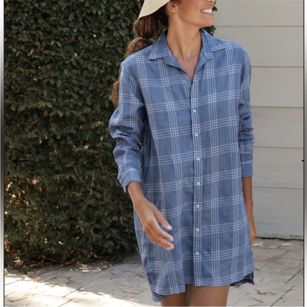 NWOT Frank & Eileen Hunter Italian Weave Linen Blend Classic Plaid Shirt Dress M - Picture 2 of 5